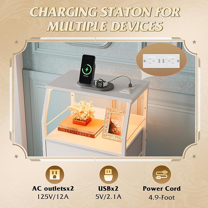 White Nightstand with LED Light and 4 Storage Drawers Charger Station - Image 2