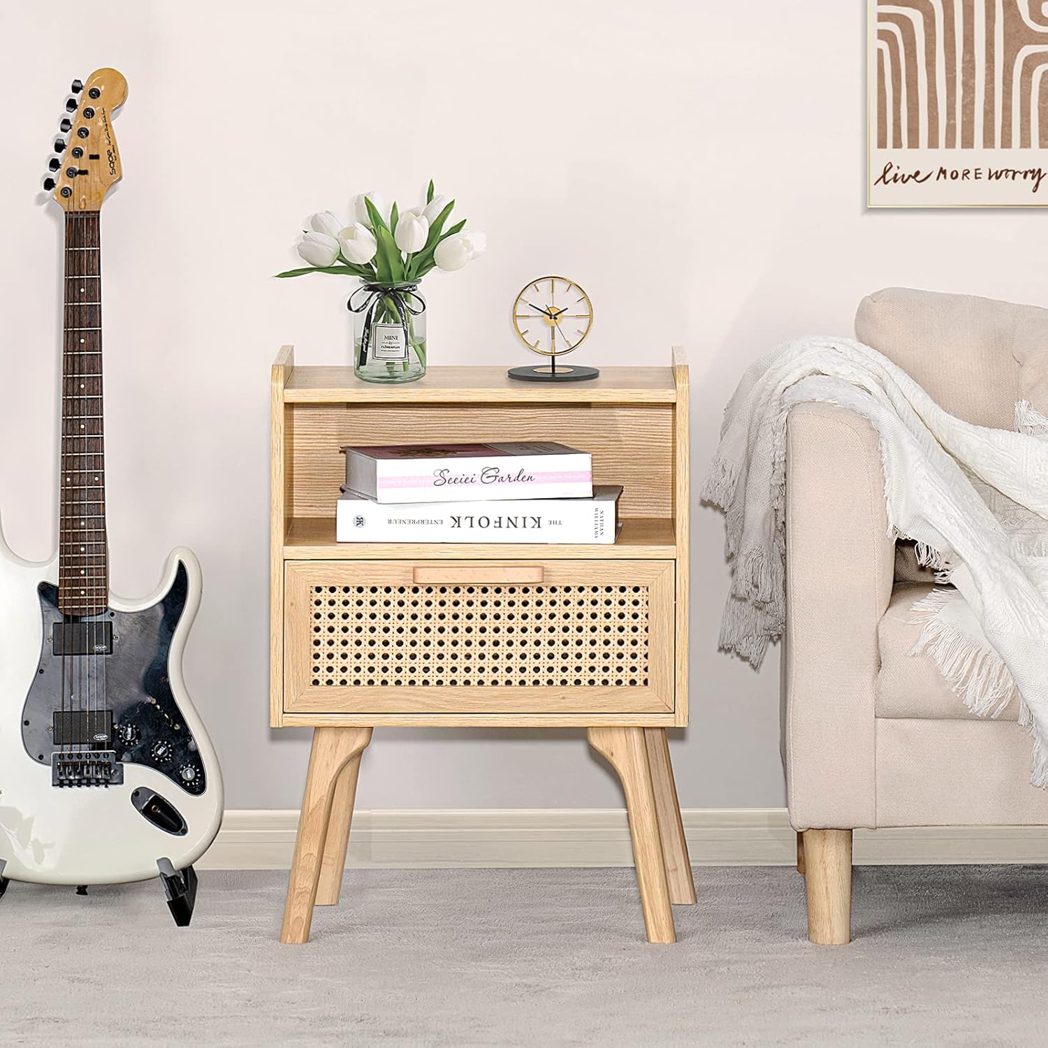 Boho Side Table with Drawer Open Shelf - Image 2