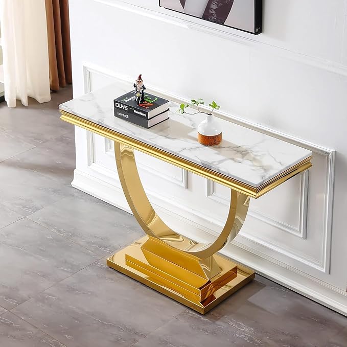 47 inch White Marble Console Table with Stainless Steel Metal O-Base - Image 2