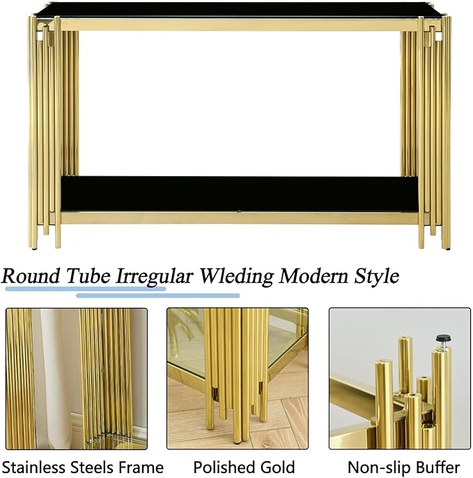 55" Black Console Table for Entryway, 2-Tier Gold Entryway Table with Storage Shelf - Image 2
