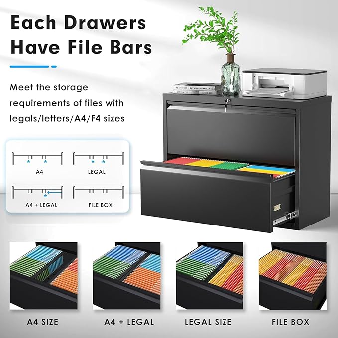 Lateral File Cabinet 2 Drawer, Black Filing Cabinet with Lock - Image 2