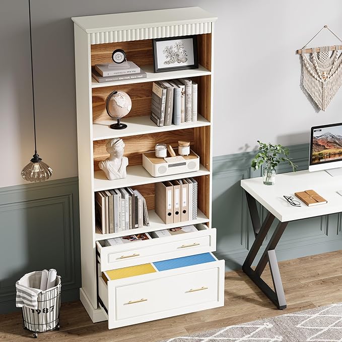 Modern White Filing Cabinet with 5-Tier Bookshelf - Image 2