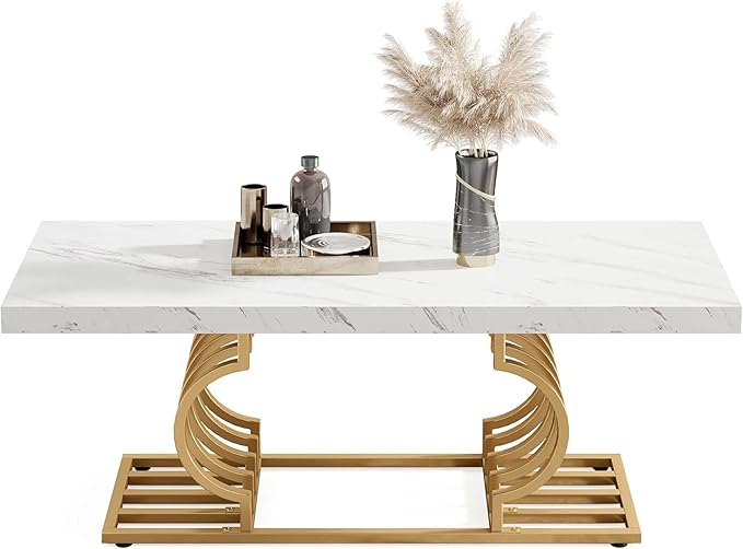 Sophisticated Faux Marble Coffee Table with Geometric Gold Base - Image 2